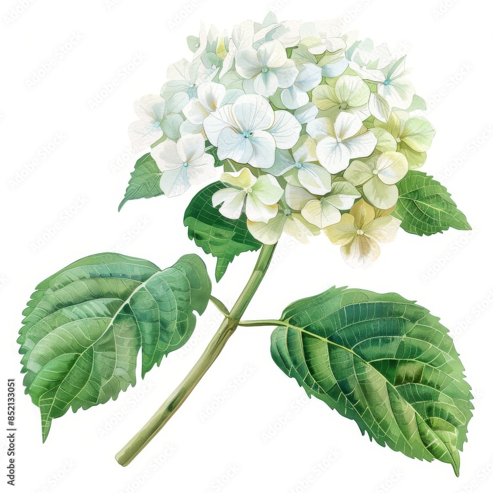 Wall mural Stock illustration of a hand-drawn watercolor white hydrangea flower.