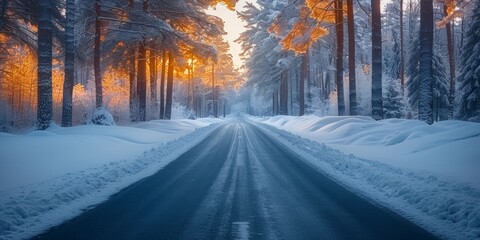 Obraz premium Nature landscape background snowy road in the forest. A snowy road winding through a winter landscape with frosty trees under a clear blue sky