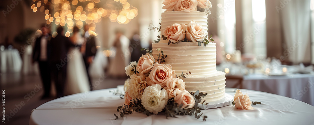 Wall mural A beautiful three-tiered wedding cake with beige and pink flowers, placed on an elegant table in front of the blurred background of guests dancing at a festive reception event or party. 