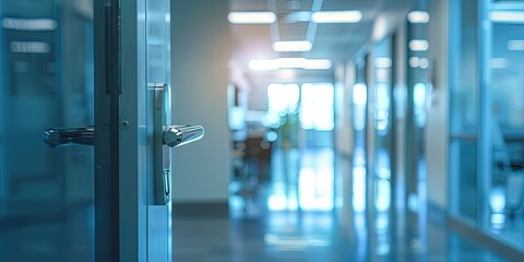 closeup of door handle, corporate office hallway background