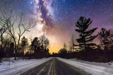 Fototapeta premium A starry night sky over a snow-covered forest road, featuring the Milky Way galaxy