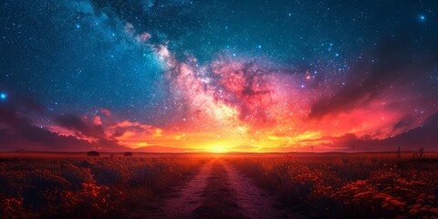 Obraz premium A dirt road under a vivid night sky filled with stars and the Milky Way, stretching into the distance