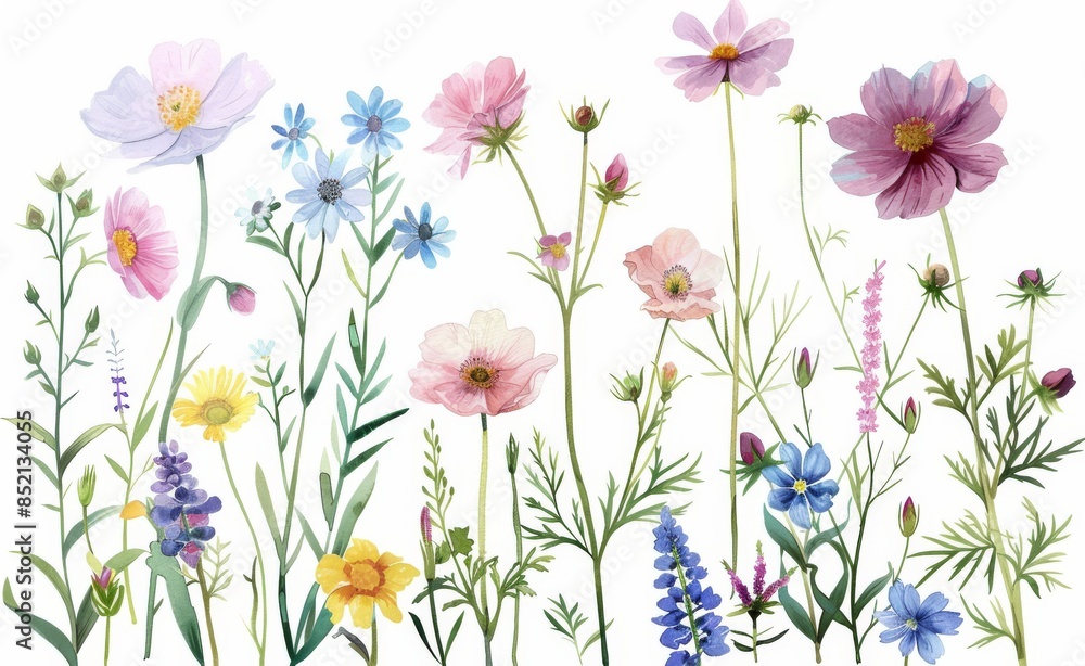 Wall mural clip art set with watercolor hand drawn flowers.