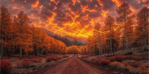 A winding road through an autumn forest, lined with vibrant fall foliage and a misty atmosphere.