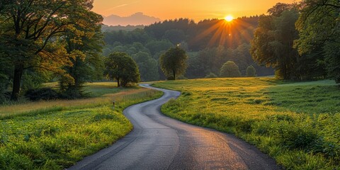 A mystical forest path illuminated by the golden rays of dawn, creating a serene and enchanting atmosphere.