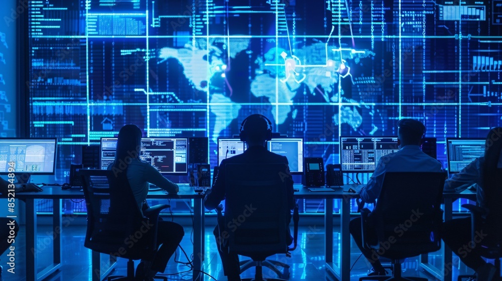 Poster cybersecurity specialists monitoring data flow