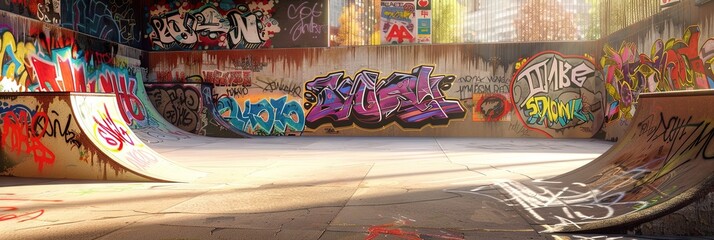 vibrant skate park with graffiti covered cement and obstacles - empty with no people 