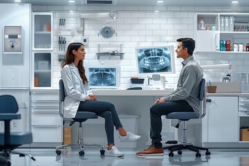 Fototapeta premium Dentist Consulting Patient in Advanced Dental Office