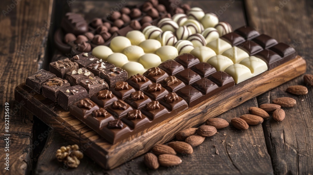 Poster a tempting array of white dark and milk chocolate adorned with nuts beautifully presented on a rusti