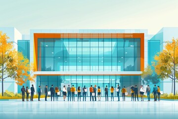 People Lining Up Outside Modern Building