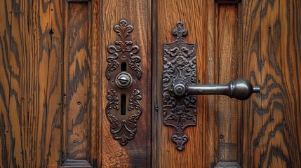 A steel door equipped with a handle set into a wood oak door panel. 