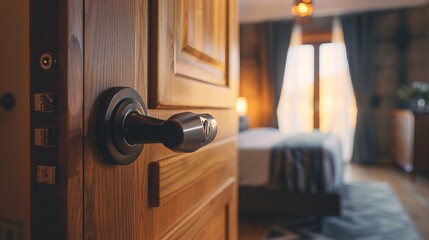 Obraz premium A digital door handle or electronic knob designed for room security access, shown on a partially opened wooden door against an interior bedroom backdrop, with selective focus. 