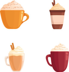 Set of four cartoon coffee drinks in various cups and mugs, perfect for menu designs