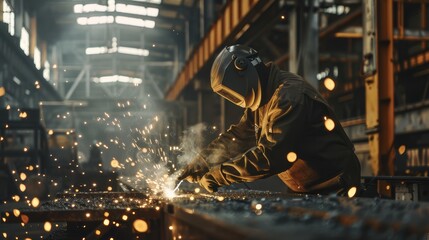 Intense Welding Action in a Bustling Industrial Factory