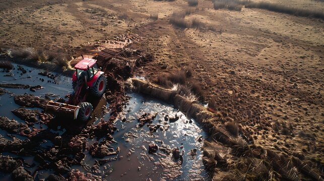 Peat Harvester Tractor on Collecting Extracting Peat Mining and harvesting peatland Area drained of the mire are used for peat extraction Drainage and destruction of peat bogs : Generative AI