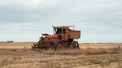 Fototapeta premium Antique farm equipment harvester in Kansas : Generative AI