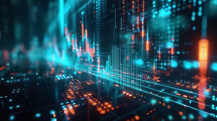 Obraz premium Dynamic display of digital trading chart with glowing blue candlesticks on a dark background symbolizing market analysis. Generative AI