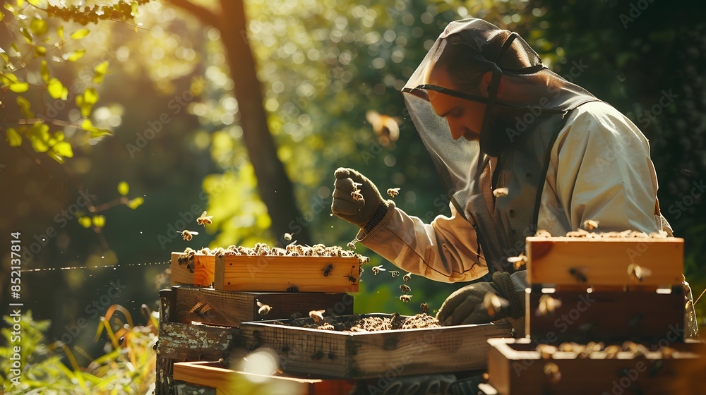 Poster beekeeper is working with bees and beehives on the apiary : generative ai