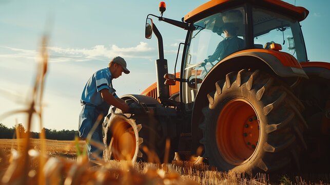 Experienced mechanic or serviceman changing air filter on tractor agricultural machine Service and maintenance of tractor : Generative AI