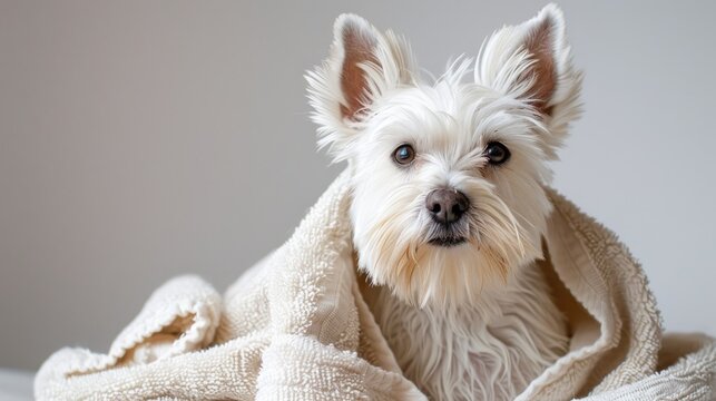 Clean West Highland White Terrier dog wrapped in towel Pet grooming idea with room for text High quality image