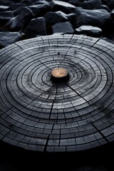 a black circular piece of wood sitting on top of rocks