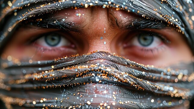 A close-up shot of a mans face, with his eyes covered in mud. He is likely participating in an outdoor activity like an obstacle course or mud run