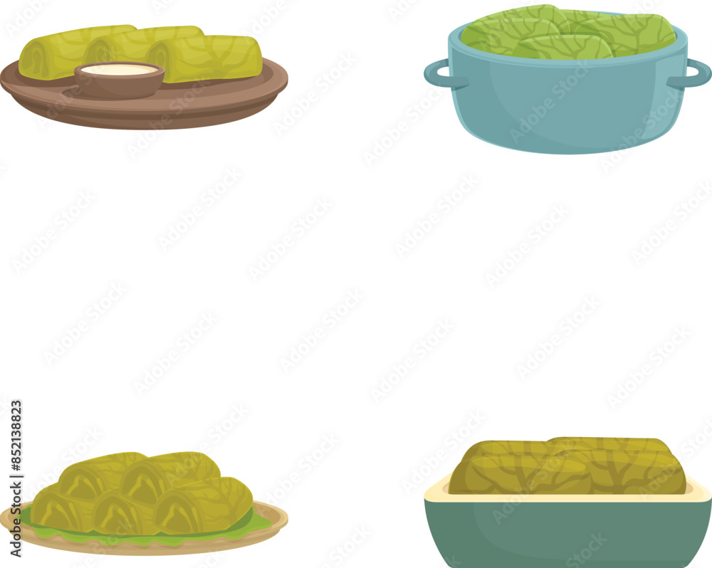 Poster four vector illustrations of different cabbagebased dishes in various containers
