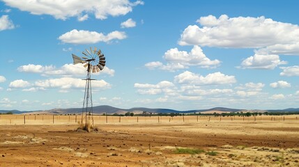 Outback Queensland Australia drought dry windmill cattle livestock barren harsh hot summer landscape : Generative AI