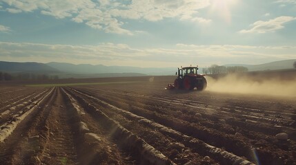Fototapeta premium Agriculture machinery in action a tractor plows a field on a bright day : Generative AI