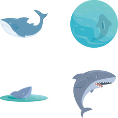 Set of illustrated sharks showing different emotions and actions on a neutral background