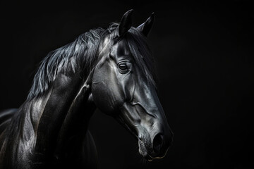 banner with black horse on black background with close-up copy
