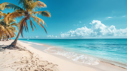 Tropical beach with palm trees and clear blue water under a sunny sky, showcasing the tranquility of a coastal paradise.