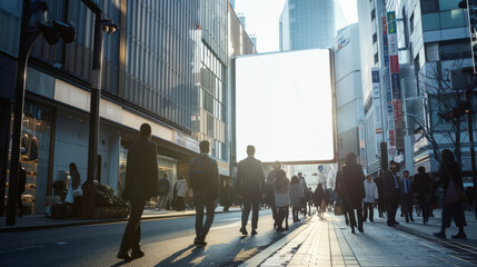 design a mockup of a horizontal white billboard on a busy work street with space for advertising, text or subtitles
