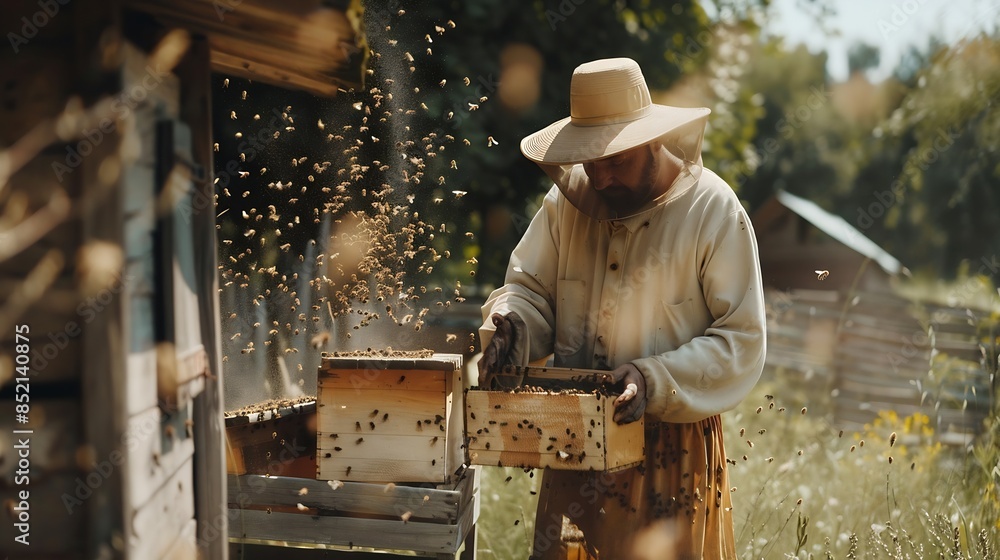 Poster beekeeper is working with bees and beehives on the apiary : generative ai