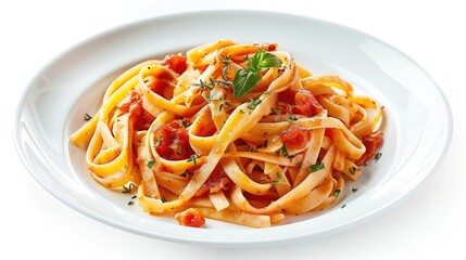 Plate of Italian pasta with Amatriciana sauce on a white background
