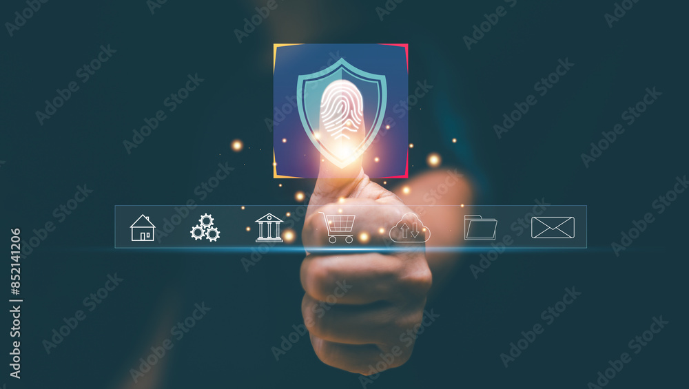 Poster Innovation for protect personal and financial data. Fingerprint for biometric identity technology for digital security. Man use thumbs up to scan identity for log in to internet network data.