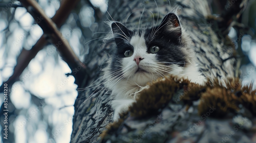 Wall mural cat with white and black fur perched at the tree s summit