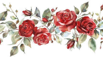 Fototapeta premium A beautiful watercolor painting of romantic red roses and a delicate branch of flowers set against a simple white background This lovely illustration features intricate details of leaves an