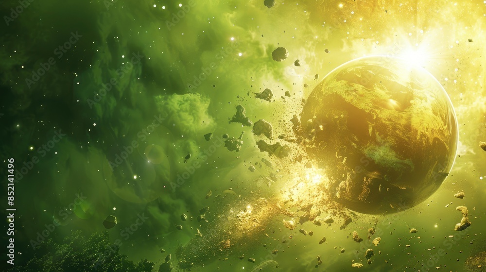 Aufkleber a 3d rendering of a planet exploding against a vibrant green backdrop