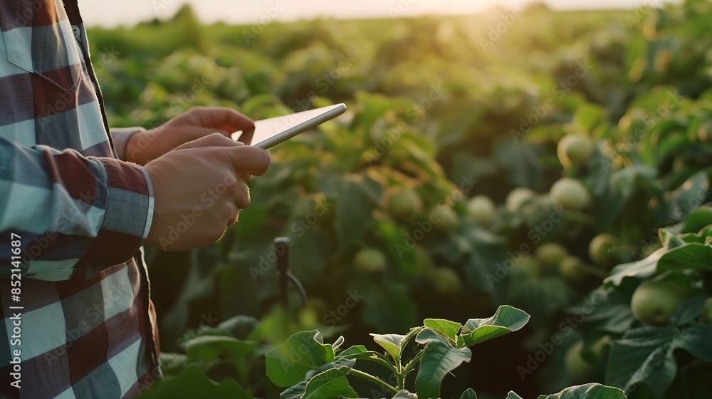 Poster farmer or agronomist uses digital tablet to analyse and check the growth and disease of the blooming