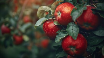 Obraz premium Ripe Apples in Orchard ready for harvesting apple farming harvest seasonal ripe red apple leaf red agriculture autumn : Generative AI