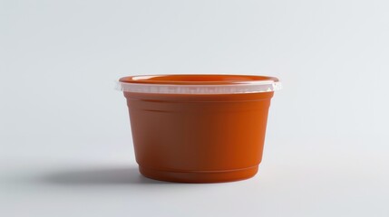 Container holding liquid food product with ketchup sauce placed against a white backdrop