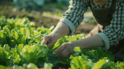 A horizontal shot of senior japanese woman picking stem lettuce : Generative AI
