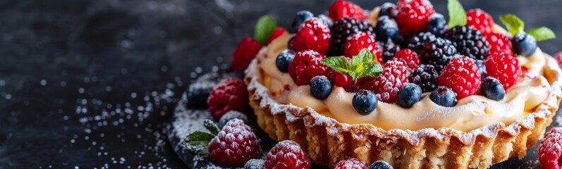 Pastry with berries and mint leaves on top, sugar dessert, food background