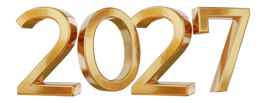 2027 golden symbol year isolated, gold metallic new year glossy luxury