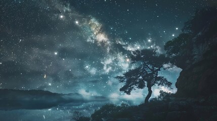 Obraz premium Night Sky Over a Tranquil Lake