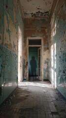 Man walking down a long hallway with peeling paint