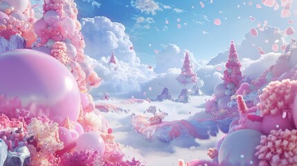 Dreamy Pink Landscape with Floating Balloons