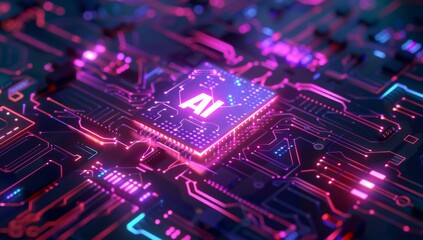 Obraz premium A computer chip with a glowing purple and pink background. AI.