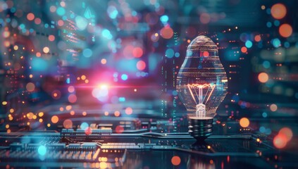 A light bulb is lit up on top of a circuit board. AI.